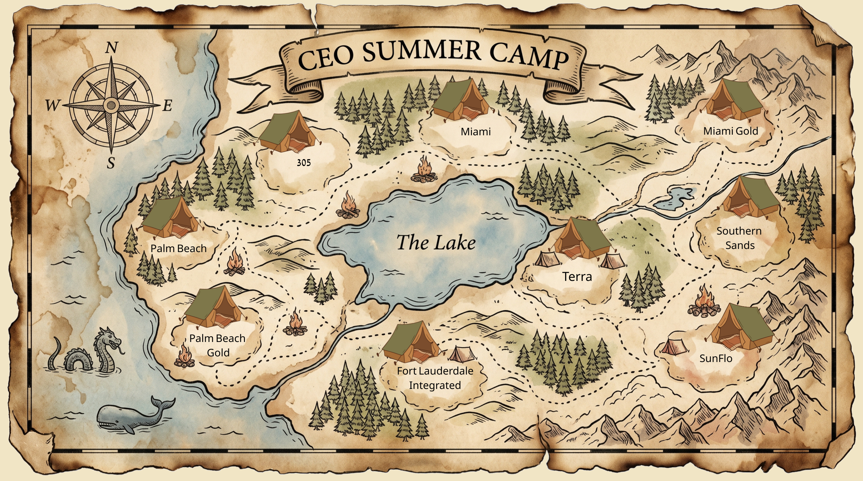 CEO Summer Camp — Treasure Map showing all 9 bunks and The Lake